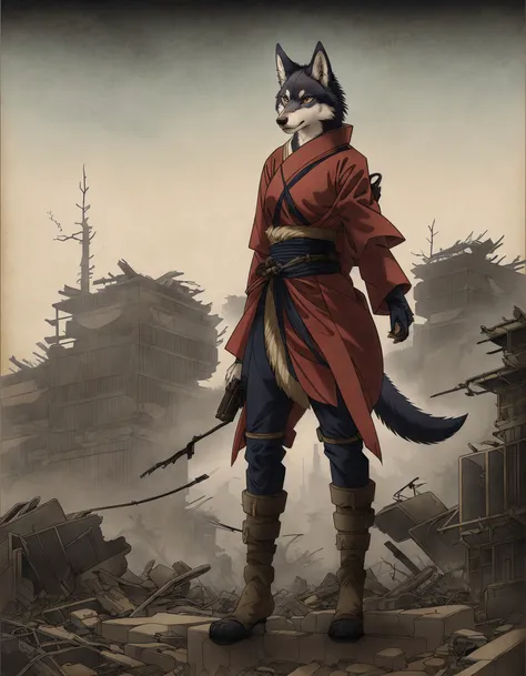 An  (anthro wolf female), medium breast, (standing), (epic post apocalyptic destroyes city overgrown ruins), ((Ukiyo-e style))