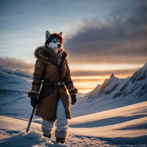 Portrait of an ((anthro)) husky female adventurer:1.2)), wearing Arctic winter clothing, RAW photo, (epic ice landscape), masterpiece, ((dieselpunk)), smoke, best quality, dynamic pos, ultra detailed, metal plates, rust, full body, fluid movement, light tr...