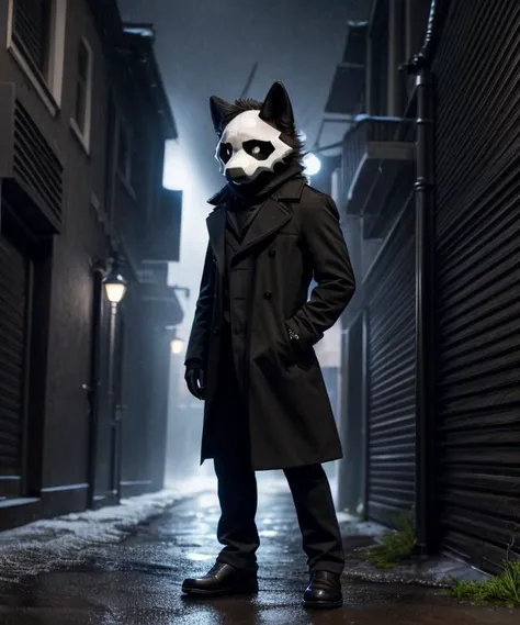 arafed man in a black coat and a white mask stands in a dark alleyway