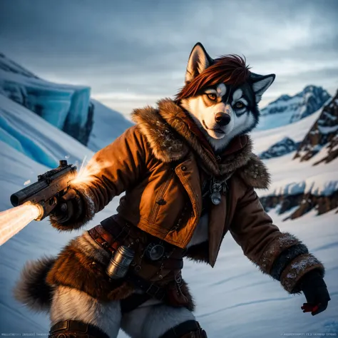 Portrait of an ((anthro)) husky woman adventurer:1.2)), wearing  skimpy Arctic winter clothing, RAW photo, (epic ice landscape), masterpiece, ((dieselpunk)), smoke, best quality, dynamic pos, ultra detailed, metal plates, rust, full body, fluid movement, l...