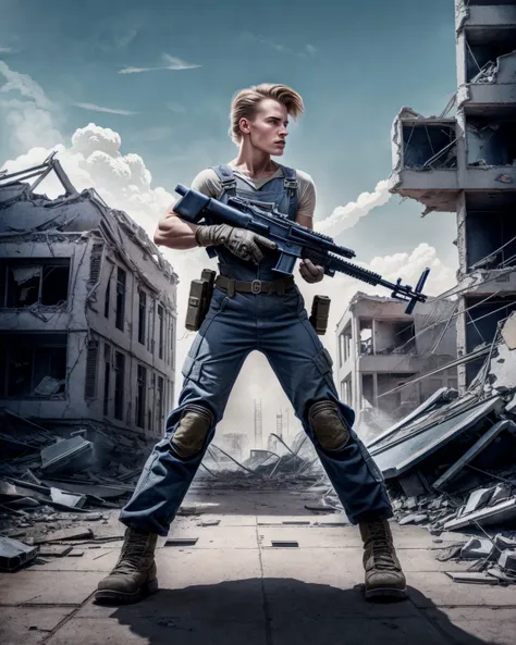 ((blueprint)), ((raw photo)), soldier woman wearing post-apocalyptic overall holding a machinegun  in a destroyed town after a ((nuclear blast)), dynamic pose, dynamic camera