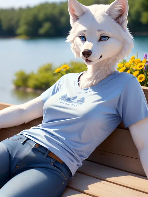 (Highest Quality, 4k, masterpiece, Amazing Details:1.1), laying near a lake,medium breast. deep blue eyes, (((wearing a t-shirt and jeans)), (full body:1.3)  Shallow Depth of Field, E671, lens 50mm f/2.0, (( anthro white wolf female)), thin eyebrows, wavy ...