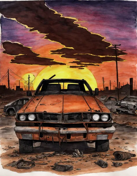 post-apocalyptic sunset at the end of the world of the new dawn, burned out car in the front  aquarelle drawing