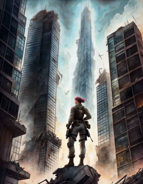 soldier woman standing on the edge of a skyscraper looking down,  on the last day on earth, post-apocalyptic destroyed city background (colorful aquarelle )