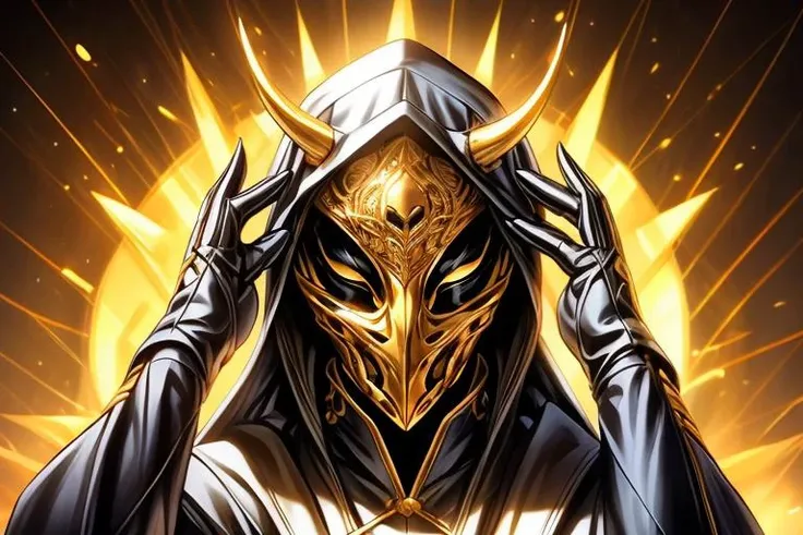 a profestional picutre of 1man, black golden armor, henshin, mask horns, black_gloves, signature, hood, mask, glowing, chain, ring, hood_up, skull, robe, one_eye_covered, gold, <lora:Henshin:0.7> , Energetic High-Five: Extending their hand for a high-five,...