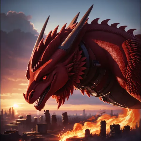 a close up of a red dragon flying over a city