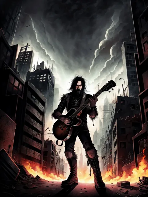 a man with a guitar standing in front of a city