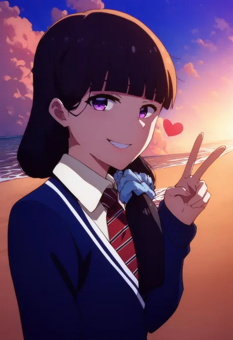 anime girl with black hair and blue shirt and tie holding up a peace sign