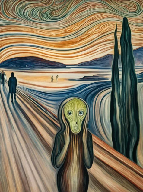 painting of a person walking down a path with a face on it