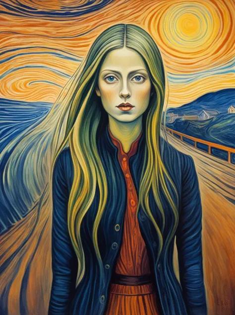 a painting of a woman with long hair standing in front of a painting