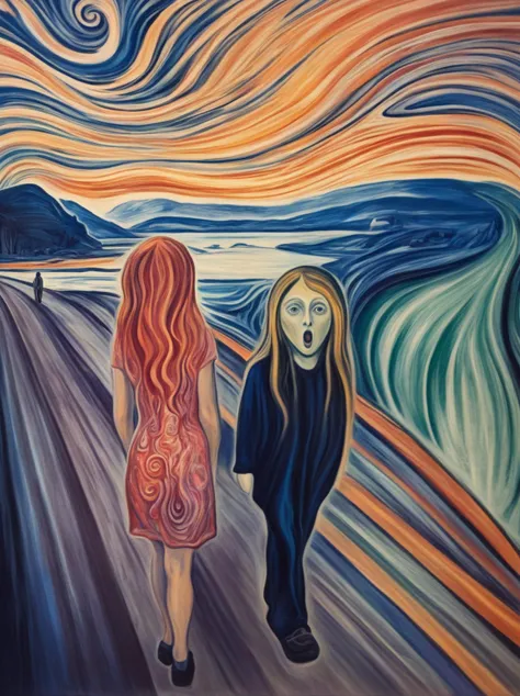 painting of two women walking down a long