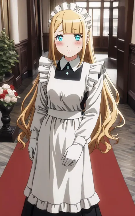 1girl  <lora:sdxl-ol-tuareninya:0.8> tuareninya, blonde hair, long hair, blunt bangs, sidelock, turquoise eyes, small breasts, (troubled eyebrows:0.6), Blushing  +++ maid, long sleeve, black long skirt, white frilled apron, headdress, white socks, shoes, w...