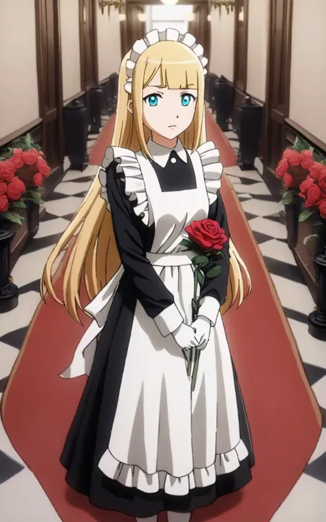 1girl  <lora:sdxl-ol-tuareninya:0.8> tuareninya, blonde hair, long hair, blunt bangs, sidelock, turquoise eyes, small breasts, (troubled eyebrows:0.6), Gleeful  +++ maid, long sleeve, black long skirt, white frilled apron, headdress, white socks, shoes, wh...