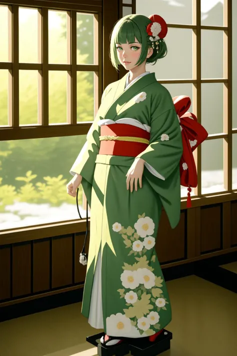 (masterpiece, highest quality, best quality, UHD, HDR, raytracing, 8k, 1girl, solo:1.4)
BREAK (full body:1.4) shot of a woman in a kimono walking in a Japanese teashop, green tea, teacups, large window with a view of the village, winter, snow falling
BREAK...