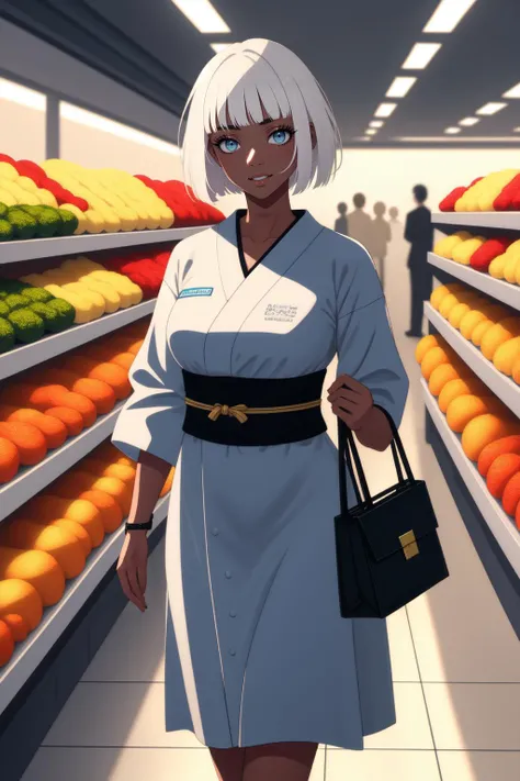 (masterpiece, best quality, highest quality, 8k, raytracing, HDR, UHD:1.4), full body
BREAK Monet, wearing an intricate kimono inside a grocery store, holding a shopping cart in her hand, handbag, zouri
BREAK (dark skin, dark-skinned female with blue eyes,...