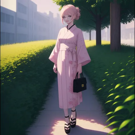 (masterpiece, best quality, highest quality, raytracing, HDR, full body:1.4)
BREAK Monet, wearing an intricate kimono, standing next to a glass tower in the city, trees, holding a handbag, zouri
BREAK (half updo, light pink hair with blunt bangs, purple ey...