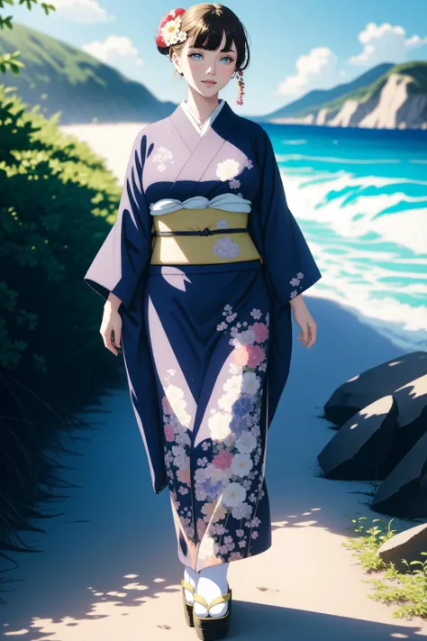 (masterpiece, highest quality, best quality, UHD, HDR, raytracing, 8k, 1girl, solo:1.4)
BREAK (full body:1.4) shot of a woman in a kimono walking along a beach, crashing waves, boulders and rocks on the beach, footprints in the sand, islands in the distanc...