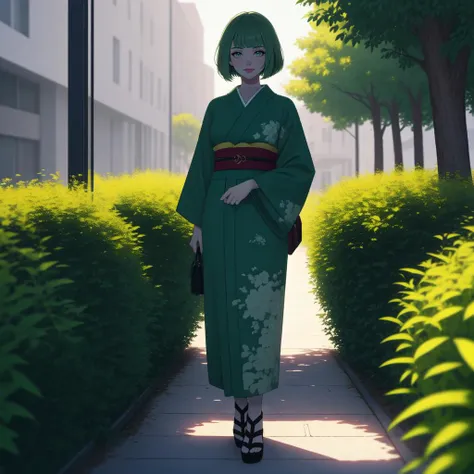 (masterpiece, best quality, highest quality, raytracing, HDR, full body:1.4)
BREAK Monet, wearing an intricate kimono, standing next to a glass tower in the city, trees, holding a handbag, zouri
BREAK (bob cut with blunt bangs, light green hair, green eyes...