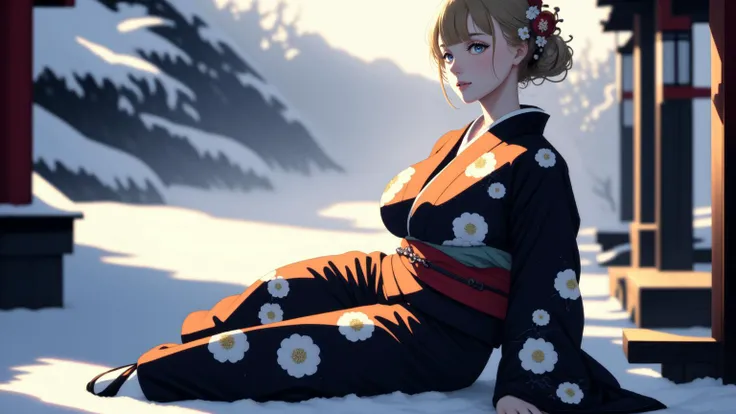 (masterpiece, highest quality, best quality, UHD, HDR, raytracing, 8k, 1girl, solo:1.4)
BREAK (full body:1.4) shot of a woman in a kimono sitting on a bench outside, winter snow
BREAK (blonde hair, updo with blunt bangs, blue eyes, floral hair ornaments, m...