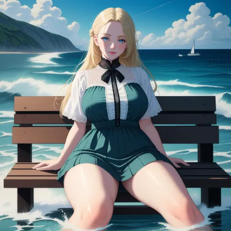 (Victorian oil painting style, best quality, highest quality, HDR, raytracing:1.3)  
BREAK oil painting of a woman (sitting on a bench at the beach with her legs crossed, crashing waves, islands in the distance:1.3), (massive breasts, wearing a light blue ...