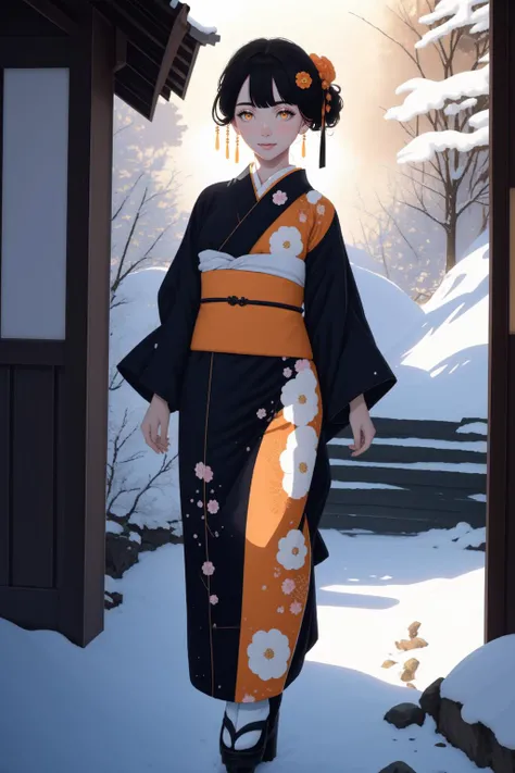 (masterpiece, highest quality, best quality, UHD, HDR, raytracing, 8k, 1girl, solo:1.4)
BREAK (full body:1.4) shot of a woman in a kimono walking on a snowy path through a forest in winter, snow falling
BREAK Japanese village in the distance, stairs, mount...