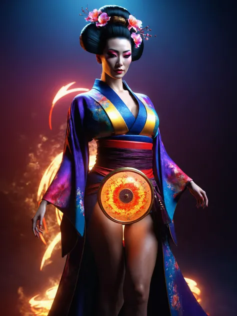 (upper thighs shot:1.3), (beautiful goddess with Japanese geisha makeup), magic circle, magic array, magic circles, magic array, colorful art concept by Waterhouse, Carne Griffiths, Minjae Lee, Ana Paula Hoppe, Stylized florescent art, tall, supermodel bod...