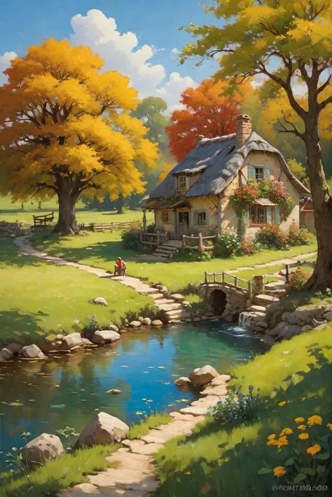 <lora:Retro_Illustration:1>, an idyllically tranquil rural scene, the vibrant colors of a sunny day, an impressive masterpiece, fine details, (masterpiece:1.2), best quality