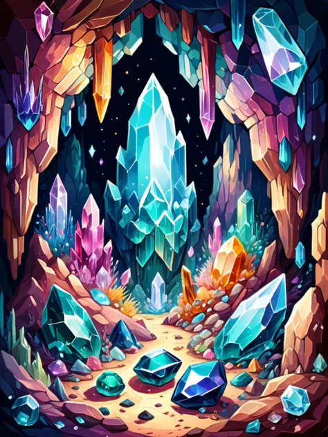 2D two-colour illustration, aged and tattered, pop icon art style, the cave of crystals,  fantastical place where gemstones and crystals grow in abundance Intergalactic, alienation, impossible,vibrant colors,  <lora:xl_more_art-full_v1:0.8>