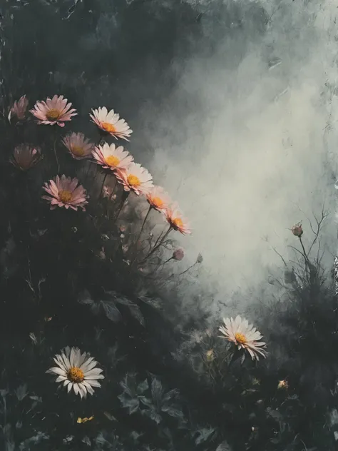 painting of a field of daisies with a foggy sky in the background