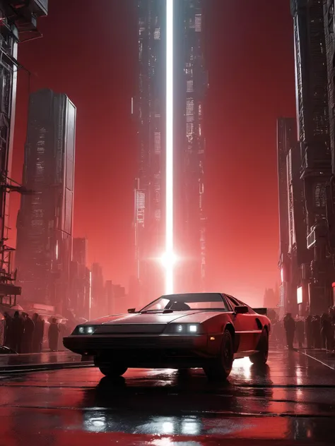 a red car driving through a city at night with a light beam in the sky