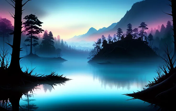 dusk,(a matte painting:1.2),we met a talking beaver who was building a tree fort,branch,scenery,ink,(foggy:1.2),bare tree,lake,nature,petals,tree,(water:1.2),forest,bounce to this,