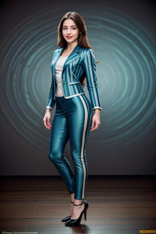 ((Masterpiece, best quality, cinematic lighting, 8k, full body shot, long hair, hour glass body)), (smile:0.85), (realistic background:1.2)
<lora:Striped_Office_Dress_By_Stable_Yogi:1>
cyan striped jacket, pants, high heels