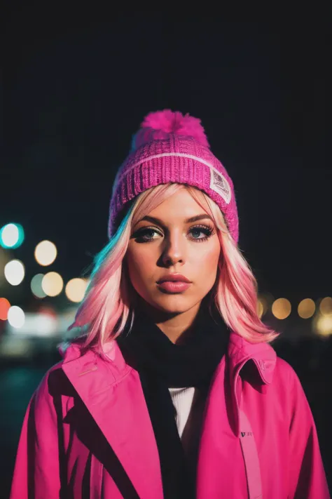 a photo of lgr, medium length blonde with pink highlights hair, (minimal ambient light), low light, night, gloomy, moody, fog, bokeh, background is night city, streetwear, beanie, scarf<lyco:LorenGray-RealVision-V1.0:1.0>