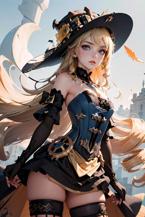 (masterpiece, best quality), 1girl,  <lora:navia:1> ,navia,long hair,blonde hair,hat, witch hat,blue eyes,dress,bangs,black headwear,gloves,bare shoulders,flower,jewelry,thighhighs,black gloves,drill hair,detached sleeves,