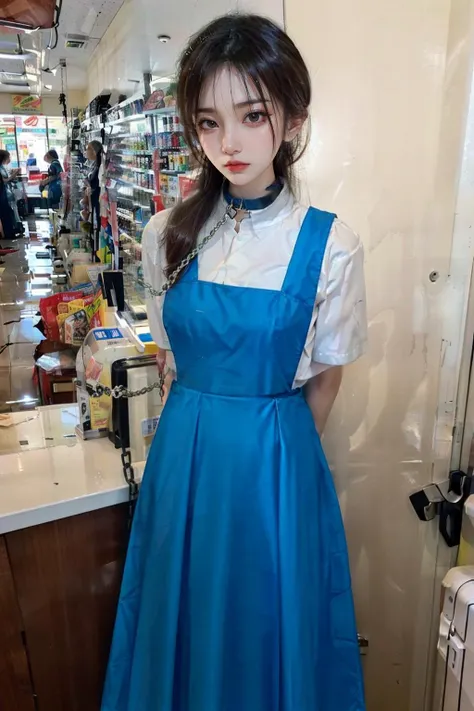 a close up of a woman in a blue dress standing in a store