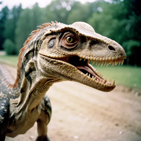 a close up of a dinosaur with its mouth open and a dirt road in the background