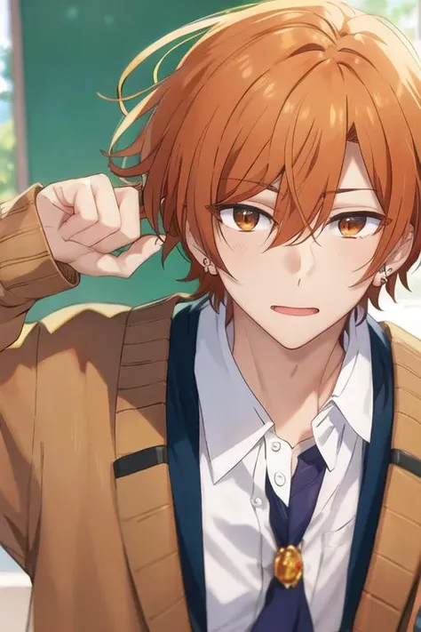 masterpiece, best quality, , 1boy, solo, male focus, looking at viewer, , depth of field, <lora:shuumei_sasaki:0.72>, shuumei_sasaki, orange hair, jewelry, brown eyes, school uniform,