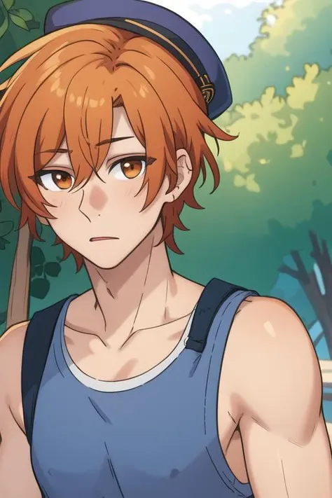 masterpiece, best quality, illustration, 1boy, solo, male focus, looking at viewer, upper body, depth of field, <lora:shuumei_sasaki:0.64>, shuumei_sasaki, orange hair, , brown eyes, tank top, hat