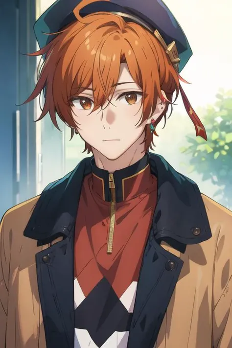 masterpiece, best quality, , 1boy, solo, male focus, looking at viewer, upper body, depth of field, <lora:shuumei_sasaki:0.72>, shuumei_sasaki, orange hair, jewelry, brown eyes, jacket, hat