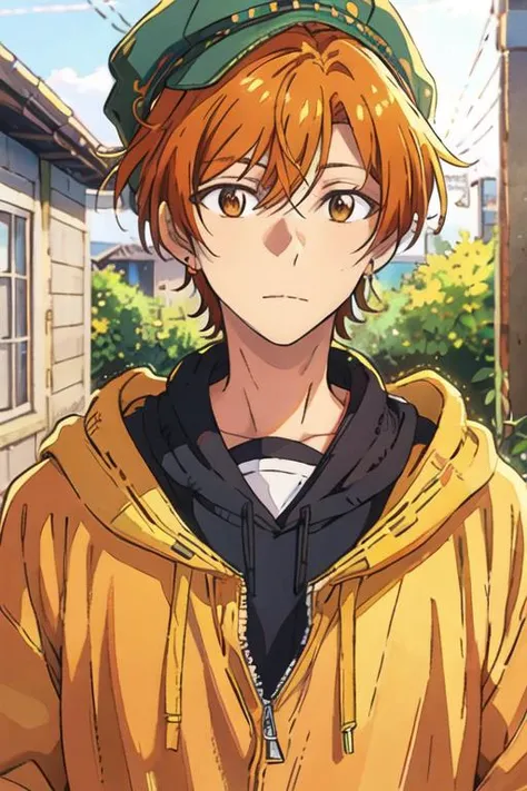 masterpiece, best quality, illustration, 1boy, solo, male focus, looking at viewer, upper body, depth of field, <lora:shuumei_sasaki:0.66>, shuumei_sasaki, orange hair, , brown eyes, hoodie, hat