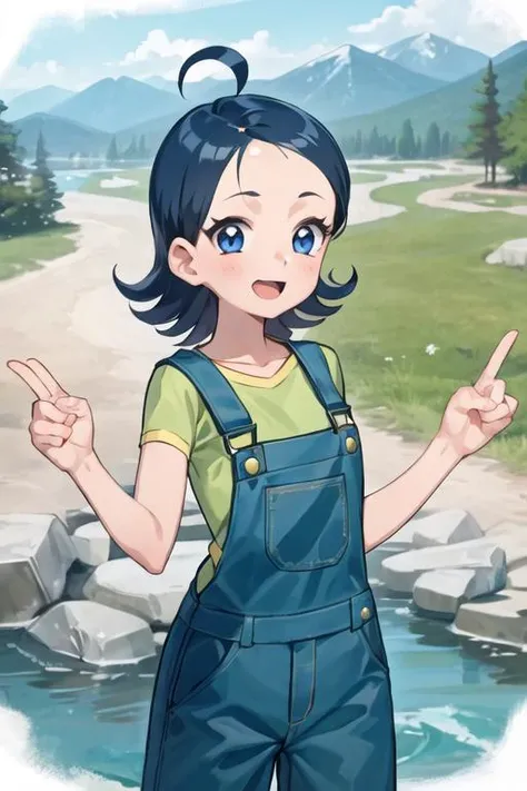 1girl, aksn_cs, blue eyes, short hair, blue hair, ahoge, bangs, forehead, blue overalls, green shirt, standing, looking at viewer, mountain, river <lora:aiko-senoo-casual:1>