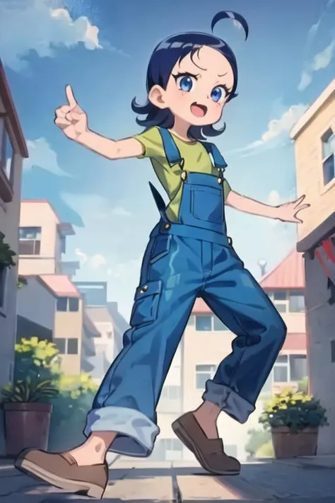 1girl, aksn_cs, blue eyes, short hair, blue hair, ahoge, bangs, forehead, blue overalls, green shirt, standing, looking at viewer, city <lora:aiko-senoo-casual:1>