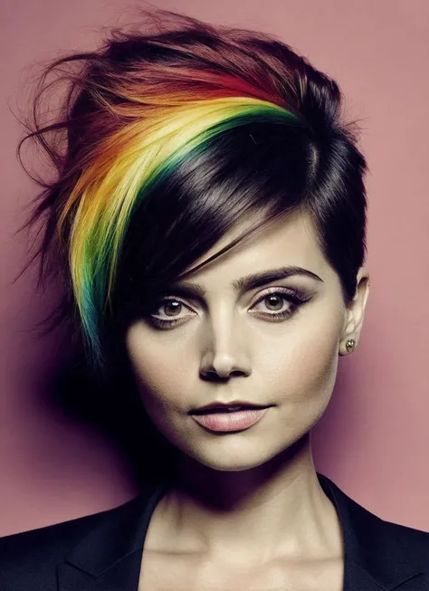 portrait of sks woman by Flora Borsi, style by Flora Borsi, bold, bright colours, rainbow Mohawk haircut, ((Flora Borsi)), <lora:locon_jennacoleman_v1_from_v1_64_32:1.25>