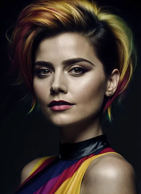 portrait of sks woman by Flora Borsi, style by Flora Borsi, bold, bright colours, rainbow Mohawk haircut, ((Flora Borsi)), <lora:locon_jennacoleman_v1_from_v1_64_32:1>