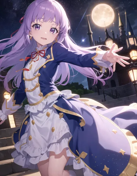 anime coloring, anime screencap,<lora:boldline:-0.5> colored eyelashes, ,
(floating,:1.2)
castle,stairs,embroidery,gorgeous,
cute,
(happy, smile:1.1)<:0.3>
starry sky, light particles, magic, hikami smire, hair ribbon,purple hair,blunt bangs, ...