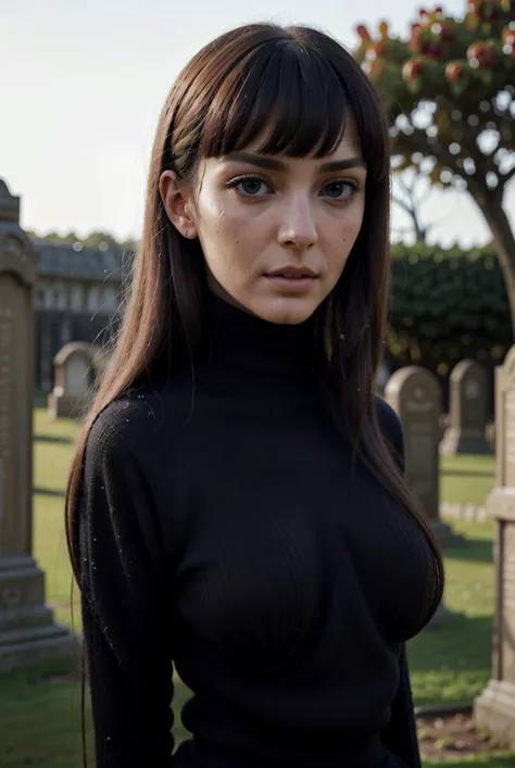 close-up of elean0r_n0texist wearing a heavy black high neck sweater, collarbone, [headshot], [centre frame], looking at the camera, walking through a graveyard, facing the camera, dynamic lighting, photorealistic, high detail, detailed, masterpiece, 8k, h...