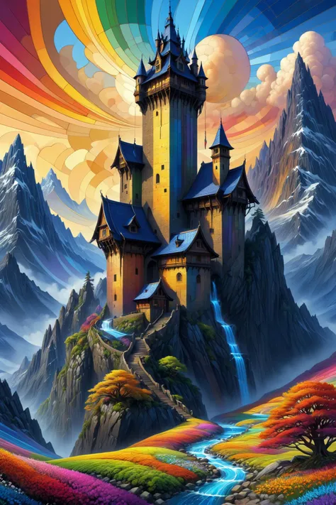 a painting of a castle in the mountains with a rainbow