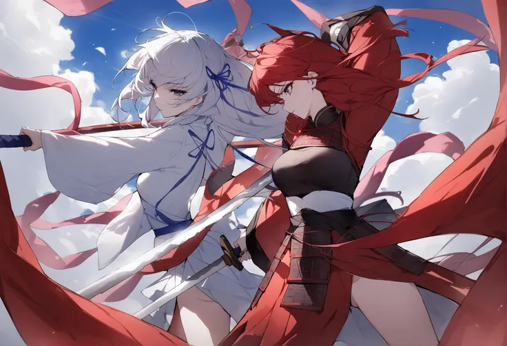 anime characters in a red dress with swords and red ribbons