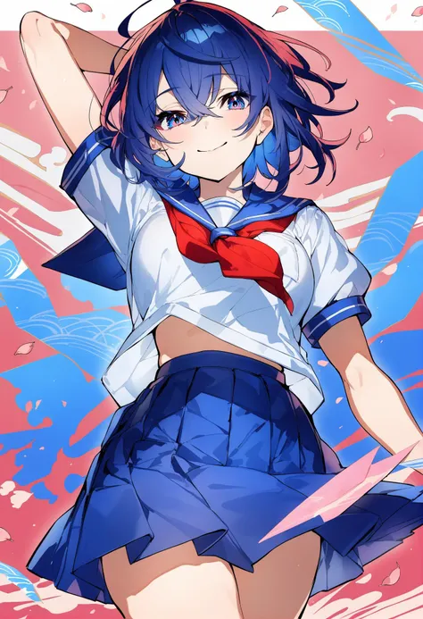 masterpiece, best quality, <lora:MikaPikazoXL_V1:1> 1girl, solo, blue eyes, skirt, blue hair, school uniform, paper airplane, blue skirt, red neckerchief, looking at viewer, serafuku, neckerchief, short sleeves, short hair, pleated skirt, shirt, holding, a...