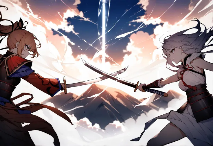 two anime girls with swords in their hands in front of a mountain